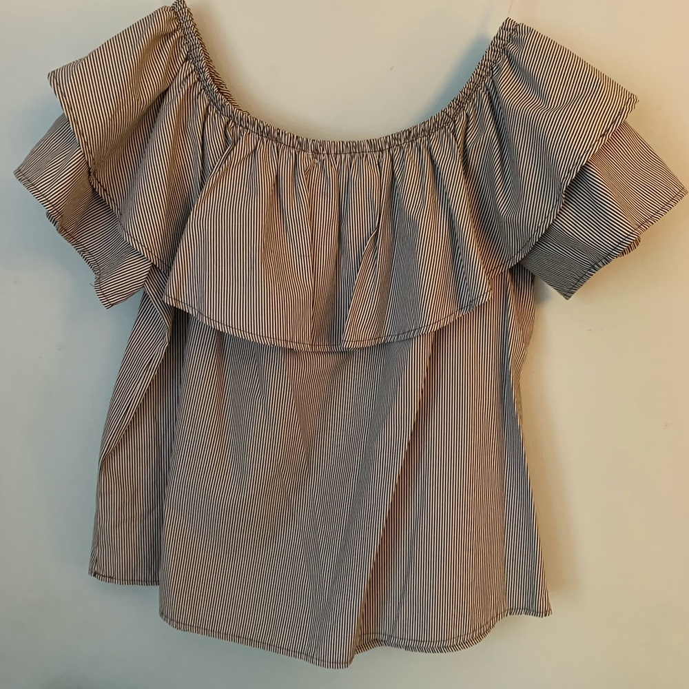 Off the Shoulder Navy Striped Ruffled Top